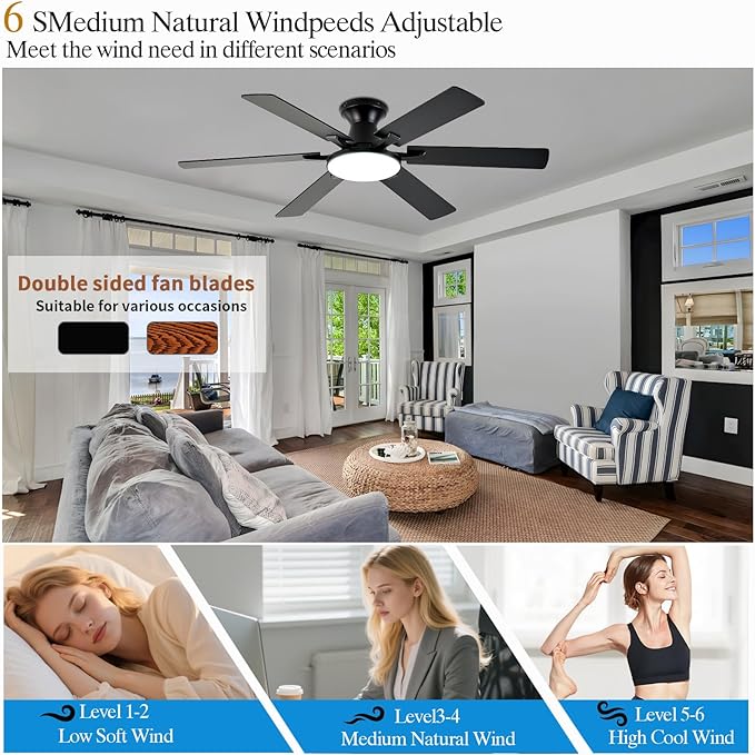 Ceiling Fans with Lights,54 Inch Low Profile Ceiling Fan with Light and Remote Control,6 Speeds/6 Blade,Flush Mount,LED Dimmable DC Reversible Modern, Brown Ceiling Fan for Bedroom/Living Room