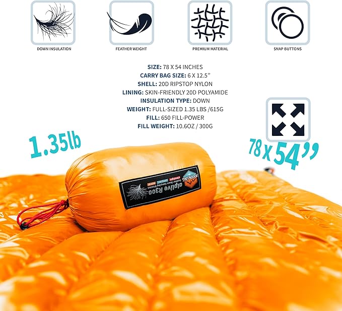 ZOOOBELIVES Ultralight Down Camping Blanket - 1.35lbs, 650 Fill Power Puffy Quilt. Compact & Warm Comforter for Travel, Beach, Hammock, Backpacking - Elevate Your Outdoor Comfort - AlpliveR300