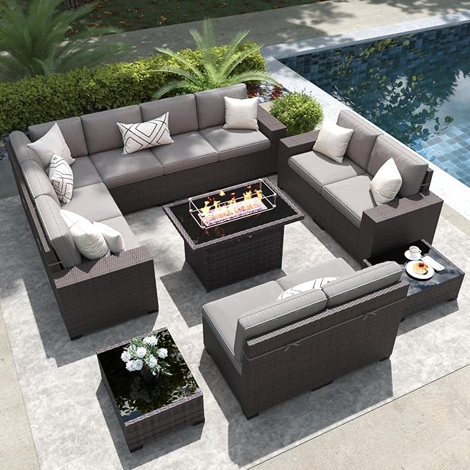 LayinSun 13 Pieces Outdoor Patio Furniture Set with 44" Fire Pit Table Brown Rattan Sectional Sofa Conversation Sets