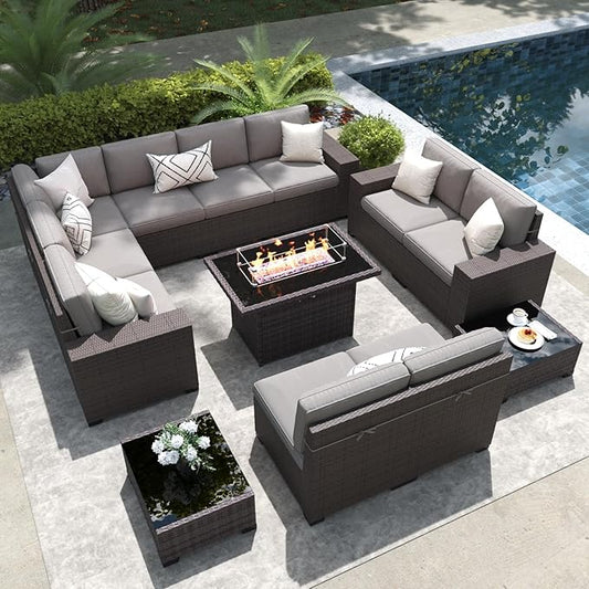 LayinSun 13 Pieces Outdoor Patio Furniture Set with 44" Fire Pit Table Brown Rattan Sectional Sofa Conversation Sets