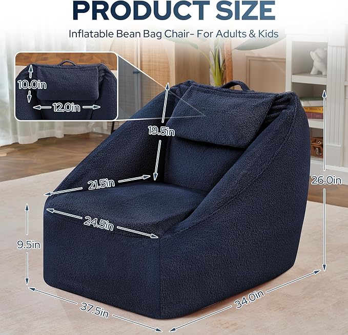 HABUTWAY Inflatable Bean Bag Chairs for Adult Blow up Chair Portable Inflatable Bean Bag Couch w/Electric Air Pump,Handle & Side Pocket for Movie Night Reading Gaming Living Room - Navy Blue