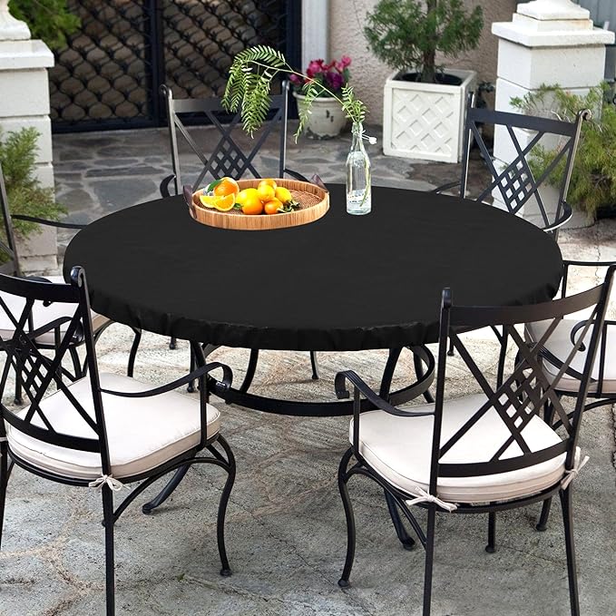 LUSHVIDA Round Waterproof Table Cover Elastic Vinyl Fitted Tablecloth Elastic Edged Plastic Table Cloth (Black, 2PCS Best for Up to 57"-68" Round)
