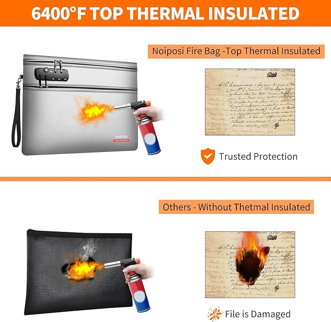 Noiposi 6400℉ Fireproof Document Bag with Lock,Dual-Zip Compartments Fireproof Money Bag for Cash and Documents,12 Layers Heat Insulated Fireproof Bag with Zipper,Protects Important Valuables(Silver)