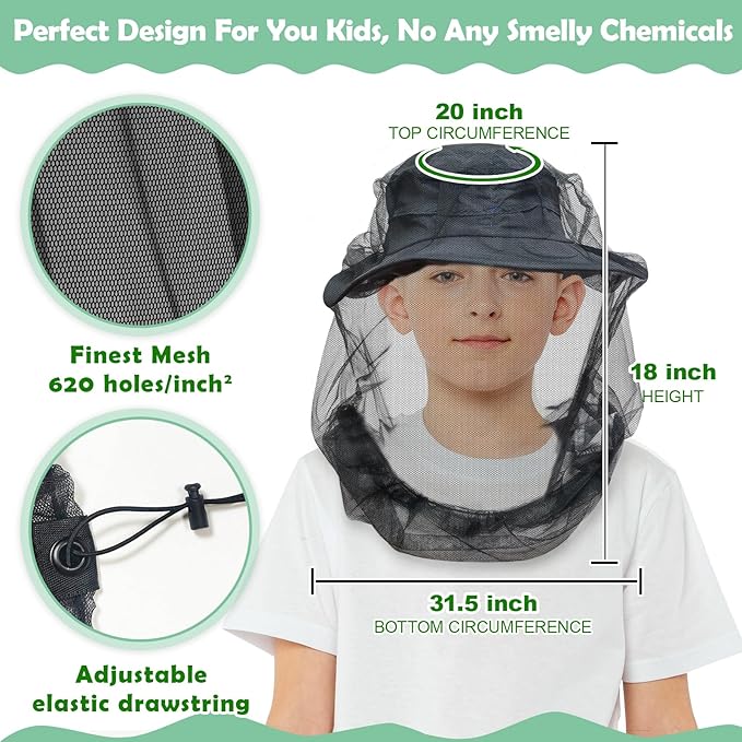 South to East Premium Kids Mosquito Head Net for Insect, 2 Pack, Fly & Bug Protection | Ultra Large & Long, Extra Fine Holes for Camping, Hiking, Fishing, Safari, Fits All Hats for 5-12 yrs Children