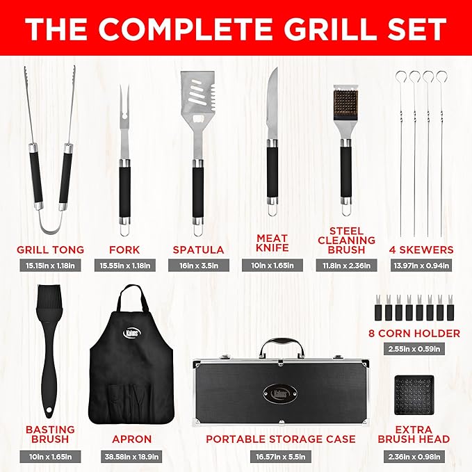 Kaluns Grilling Accessories, Dad Gifts for Christams Grilling Gifts, Heavy Duty Stainless Steel BBQ Grill Tools Set for Outdoor Grill with Aluminum Case and Apron, Dad Birthday Gifts for Men Husband