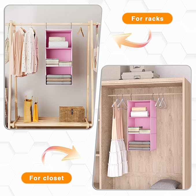 Hanging Closet Organizer and Storage 3-Shelf, Easy Mount Foldable Hanging Closet Wardrobe Storage Shelves, Clothes Handbag Shoes Accessories Storage, Washable Oxford Cloth Fabric, Pink