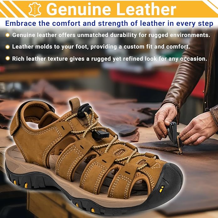 Men's Sport Sandals Closed Toe Leather Hiking Athletic Walking Outdoor Beach Trail River Fishing Water Shoes Lightweight Comfortable Waterproof