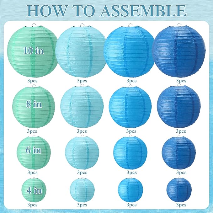 Treela 48 Pcs Paper Lanterns Party Decorations Chinese Round Paper Lanterns 4/6/8/10 Inch Asian Hanging Lamps Decorative for Birthday Party Supplies(Blue Series)