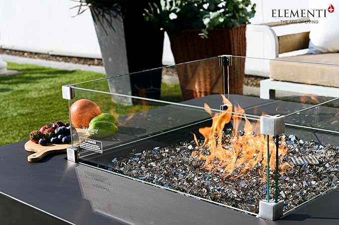 Elementi+ | Bundle Bergamo Gas Fire Pit Cast Concrete 42" Square Fire Table, Outdoor Fire Pit Electronic Ignition | Canvas Cover, Fire Glass and Burner Lid Included | Dark Gray | Natural Gas