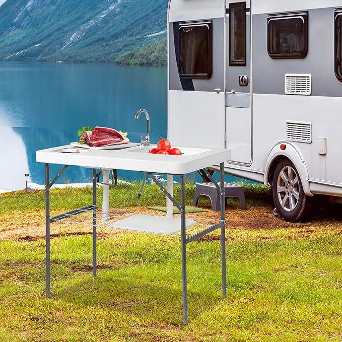 Outvita Folding Portable Camping Sink Table with Sink Faucet, Drainage Hose & Grid Rack, White