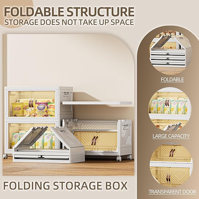 168 QT / 42 Gal Magnetic Door Storage Bins Collapsible Stackable w/1 Lid, Heavy Duty Plastic Cabinet with Wheels for Home Office Organization (White)