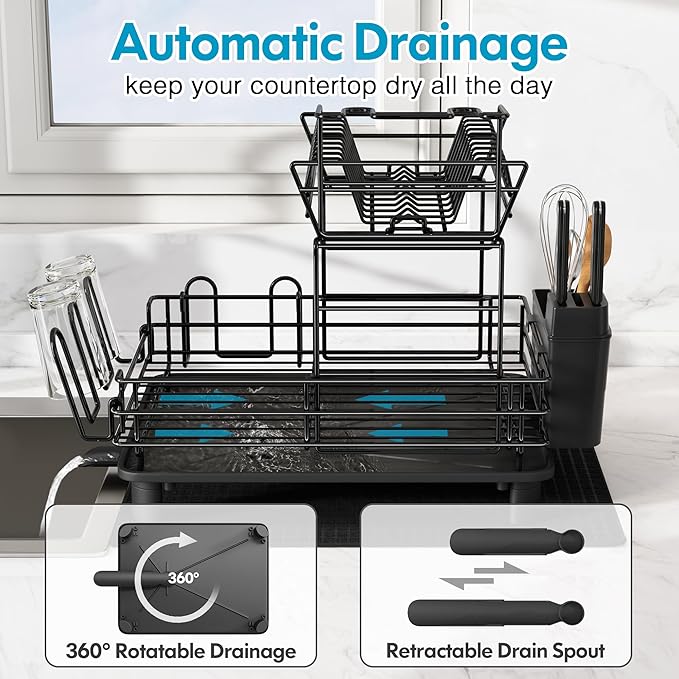 2 Tier Black Large Stainless Steel Dish Drainers Drying Rack for Kitchen Counter with Drainboard, Rust Proof Metal, Space Saving, Modern Aesthetic, Compact Plates Strainers with Extra Mat