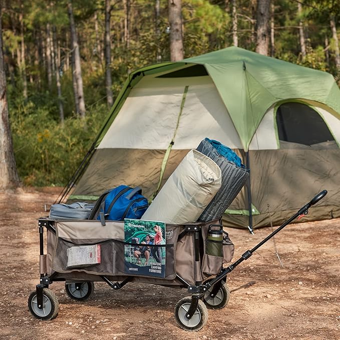 TIMBER RIDGE Collapsible Outdoor Folding Wagon Cart Heavy Duty Camping Patio Shopping Garden Cart with Side Bag Cup Holder, Tan
