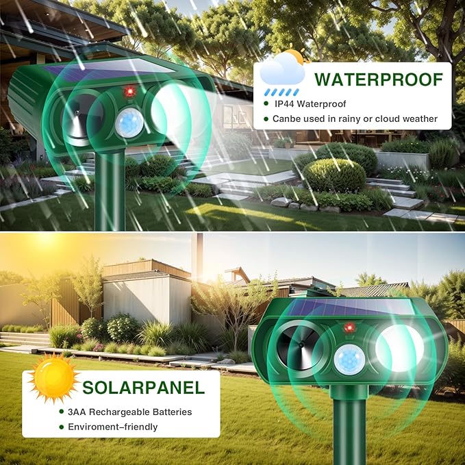4Pack Solar Ultrasonic Animal Repellent Outdoor Deer Repellent Devices with Motion Detection&Flash Light Squirrel Cat Raccoon Rabbit Dog Deterrent,Keep Rodent Chipmunk Squirrel Away for Yard Garden