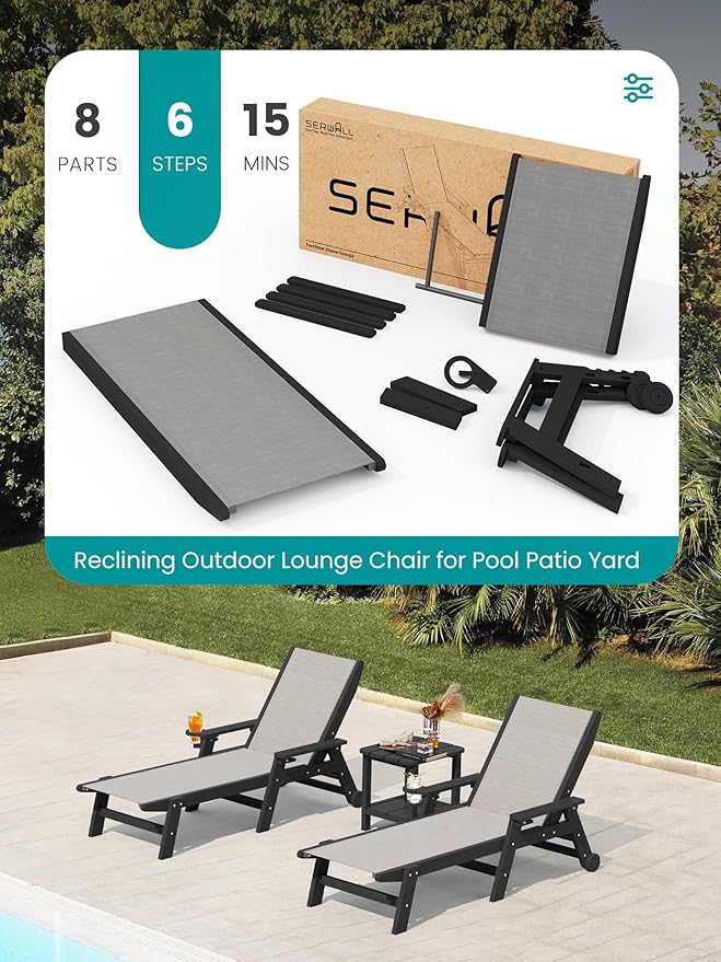 SERWALL Patio Chaise - 5 Position Outdoor Textilene Lounge Chair with Rolling Wheels for Poolside, Deck, Black