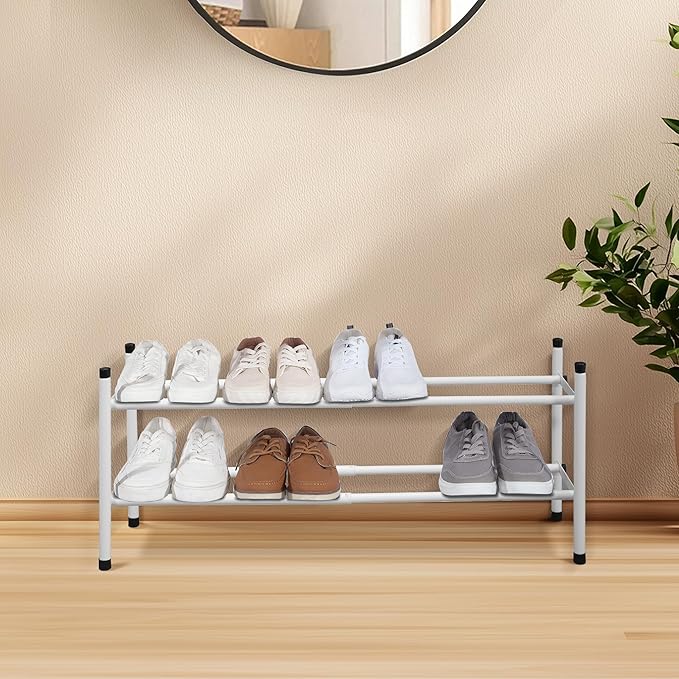 STORAGE MANIAC Expandable Shoe Rack, 8 Pairs Stackable Small Shoe Rack, Metal Adjustable Shoes Organizer for Closet, Entryway, Hallway, Garage, Front Door, Shoes Shelves, White 2 Tier