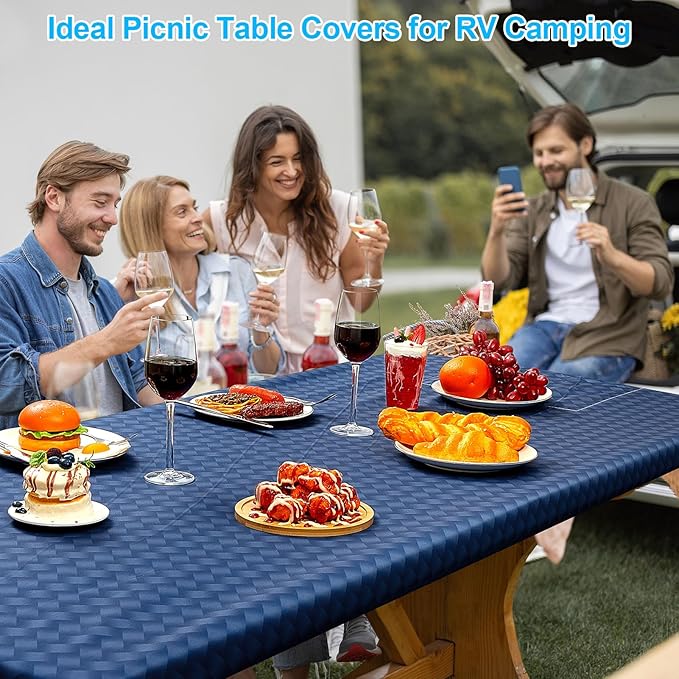 Picnic Table Cover with Bench Covers Portable Table Cloth Built-in Storage Pocket Picnic Table Covers with Elastic Waterproof Camping Essentials for RV Camping