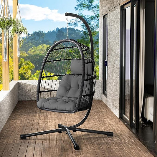 LEVELEVE Egg Chair with Stand,Patio Rattan Wicker Hanging Swing Egg Chair Hammock Chair for Bedroom Porch Garden,Thickened Aluminum Alloy Steel Frame and UV Resistant Cushion,350LBS Capacity(Grey)