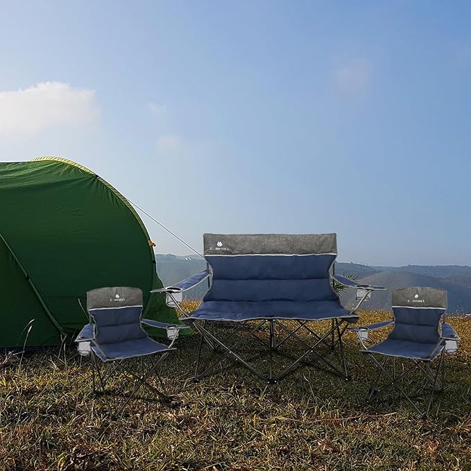 Camping Chair Set of 3, Outdoor Folding Camping Chairs for Heavy People with Cup Holder & Carry Bag,Collapsible Chair Include One Sofa Chair and Two Single Chair,Support up to 500lbs