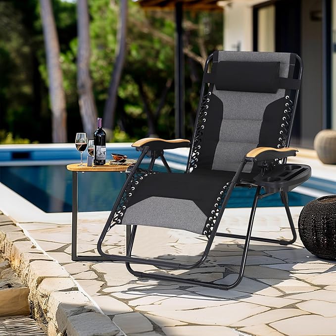 MFSTUDIO Zero Gravity Chairs Set of 2, XL Oversized Outdoor Anti Gravity Chair, Patio Lounge Folding Adjustable Chair with Cup Holder & Padded Headrest, Support 400lbs,Black