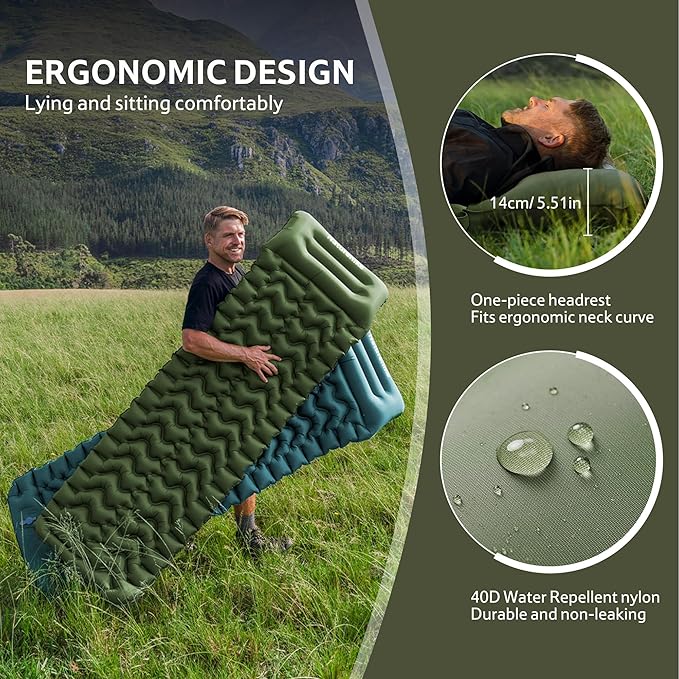 Naturehike Camping Sleeping Pad, Ultralight Inflatable Sleeping Mat with Pillow Built-in Pump, 2.6 Inch Lightweight Air Mattress for Backpacking, Hiking, Traveling