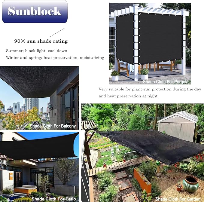 10x18 Ft Shade Cloth for Garden, 90% Black Sun Shade Fabric with Grommets for Plants Heat Protection, Outdoor Sunblock Mesh Cover for Greenhouse, Balcony, Deck, Porch, Carport, Pool
