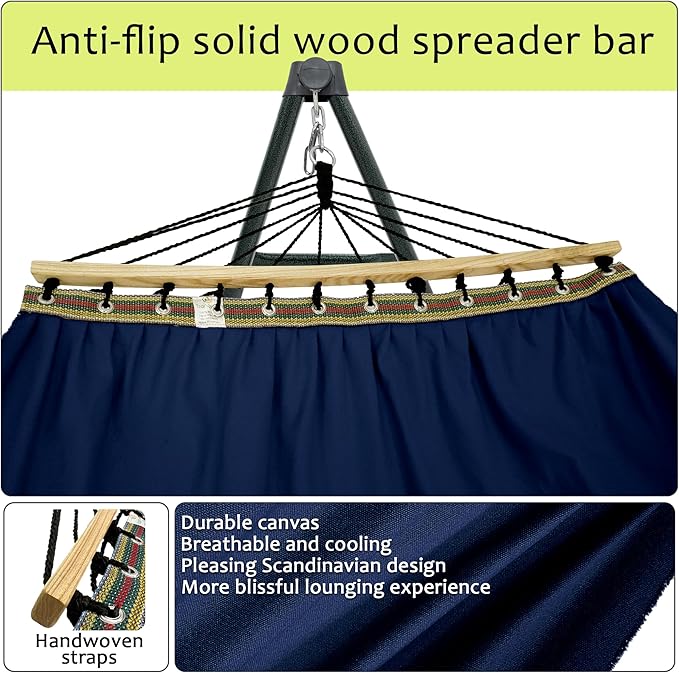 Tranquillo Ultimate Relaxation Portable Hammock Stand with Cotton Canvas, Spreader Bar, Quick Fold Unfold in 30 Seconds Steel Frame Hammock 600 lbs Capacity, Hammock Stand Outdoor, Hammock Set, Navy