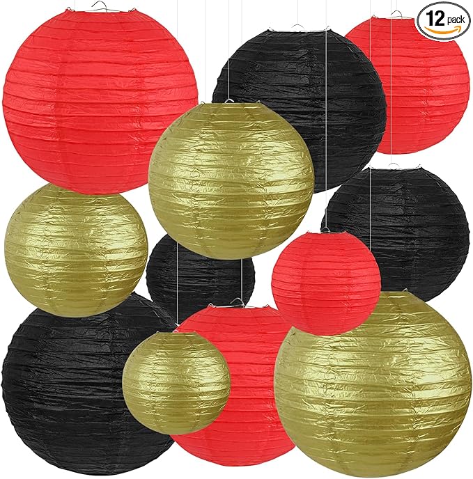 12Pcs Round Paper Lanterns Assorted Sizes (6" 8" 10" 12") for Home Decor, Wedding, Birthday, Casino Theme Party, Hibachi Party Decorations, Hanging Chinese Japanese Paper Lamps (Black Red Gold)