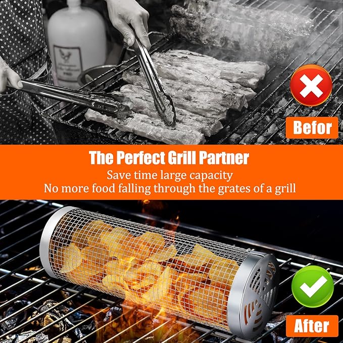 2 pcs Rolling Grilling Baskets for outdoor grilling, BBQ Stainless Steel Grill accessories set for Outdoor Grill, Grill Baskets Suitable for Vegetable,Fries,Fish, Shrimp, Grill BBQ Net Tube with Barbecue accessories