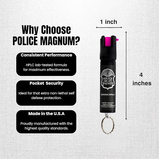 Police Magnum Compact Pepper Spray Self Defense Safety Tool- Strong Built-in Keychain Holder- Small Discreet Canister- Made in The USA- 1 Pack 3/4oz Twist Lock Keyring
