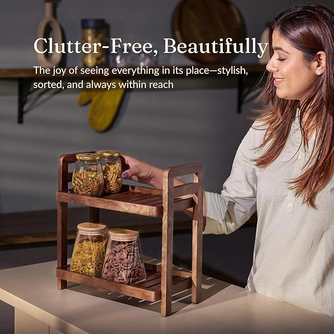 Premium Cocoa Kitchen Wooden Organizer 2-Tiered Serving Stand| Display Snacks, Fruits & Desserts | Kitchen & Dining Organizer in Mahogany Finish (Self Assembly)