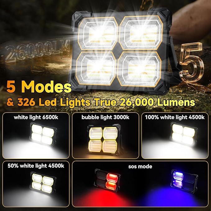 300W Led Work Light Rechargeable,26000MAh Solar Portable Light, 26000LM Magnetic Work Lights, 326 Led Battery Work Lights with Stand 5 Lights Modes IP66 Waterproof for Outdoor Camping Car Repairing