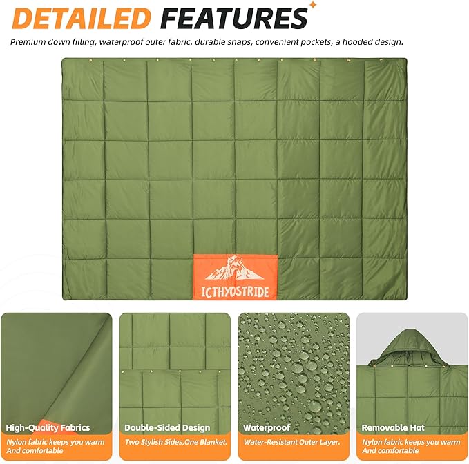 Puffy Camping Blanket with Detachable Hooded Snap-Poncho Waterproof Double-Sided Printed Reversible for Travel, Hike Cold Weather, Army