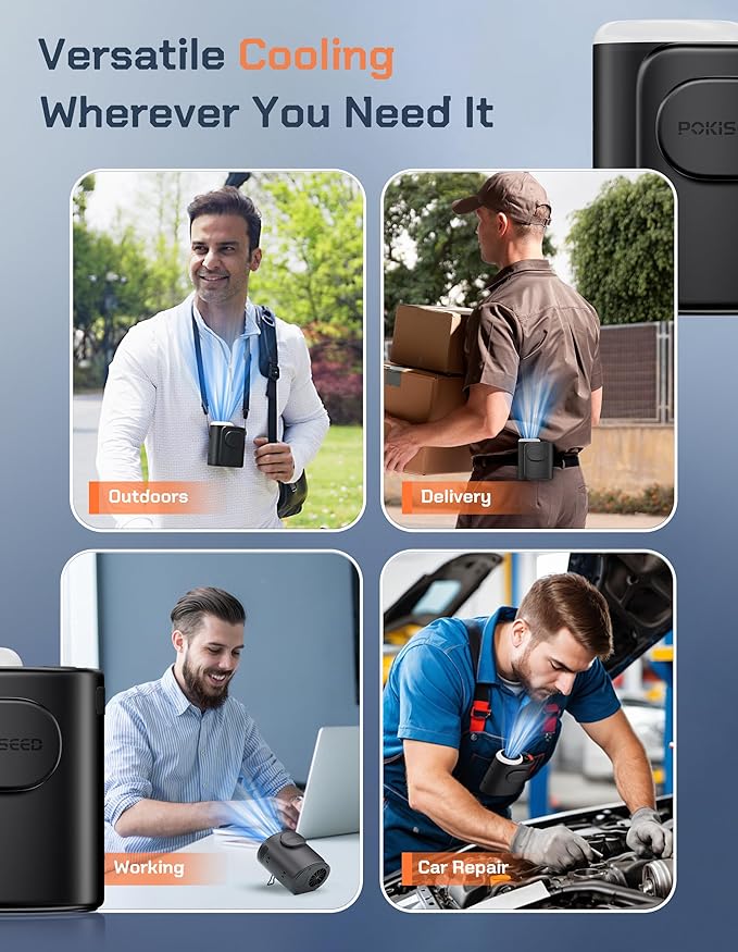 Portable Waist Fan Rechargeable, 10000mAh Belt Clip Fan, 5-Speed 16000RPM, Clip-On Personal Cooling A/C for Neck, Desk, Waist Use, Hands-Free Under Shirt Airflow for Camping, Jobsites, Hiking