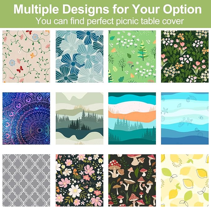 Picnic Table Cover with Bench Covers Camping Essentials Waterproof Windproof Camping Tablecloth with Drawstring Bag, Fitted Rectangle Tables and Seats, 72in, Grass Green