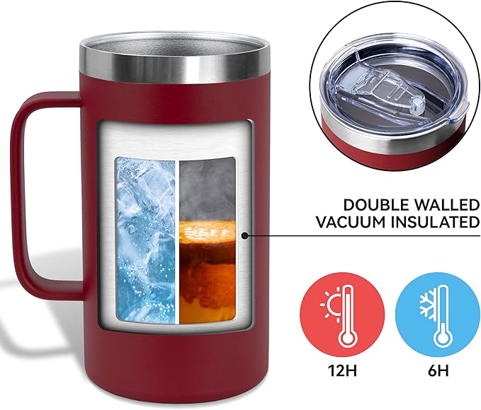DOMICARE 24oz Mug with Handle and Lid, Stainless Steel Coffee Mug, Travel Mug with Handle, Double Wall Vacuum Coffee Tumbler, Reusable Insulated Cup, Dark Red, Pack 4