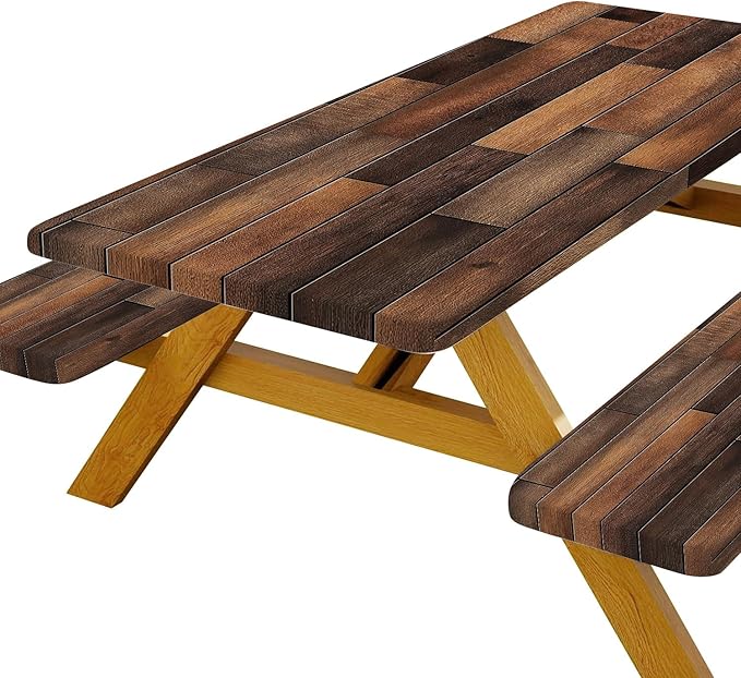 Picnic Table Cover with Bench Covers Elastic Edges, Farmhouse Brown Wooden Fitted Outdoor Patio Camping Essentials, Waterproof Camping Fitted Tablecloth, Drawstring Bag, 72in, Brown