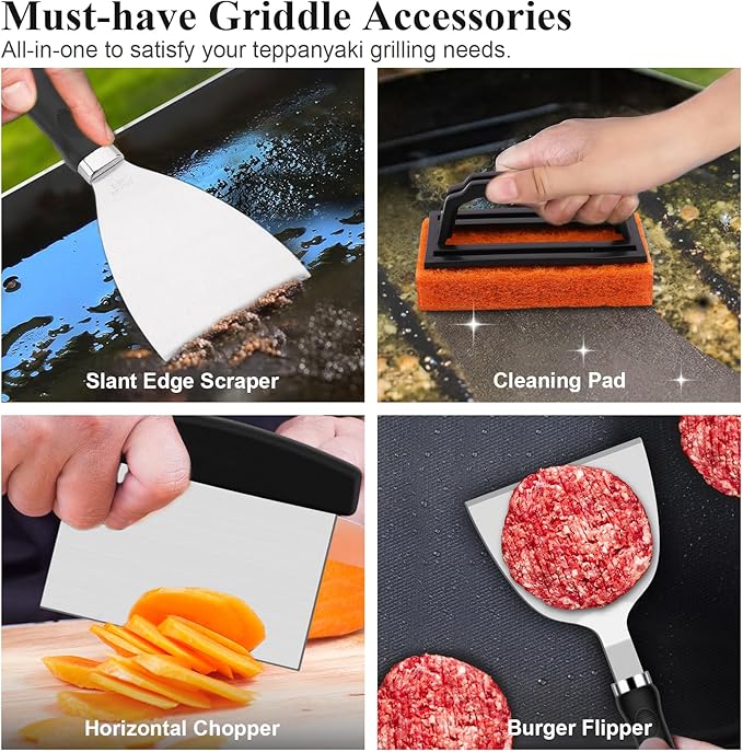 27pcs Griddle Accessories Kit for Blackstone, Professional Hibachi Flat Top Grill Tools, Enlarged Spatula Gift Set with Basting Cover，Burger Press Patty Maker for Outdoor BBQ Teppanyaki