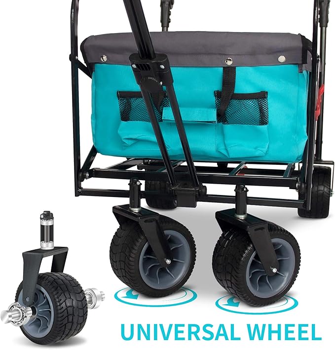 Folding Utility Wagon | Heavy-Duty Collapsible Cart with Brakes & Adjustable Handle | for Gardening, Beach Trips, Camping, Shopping & Outdoor Transport (Turquoise/Grey)