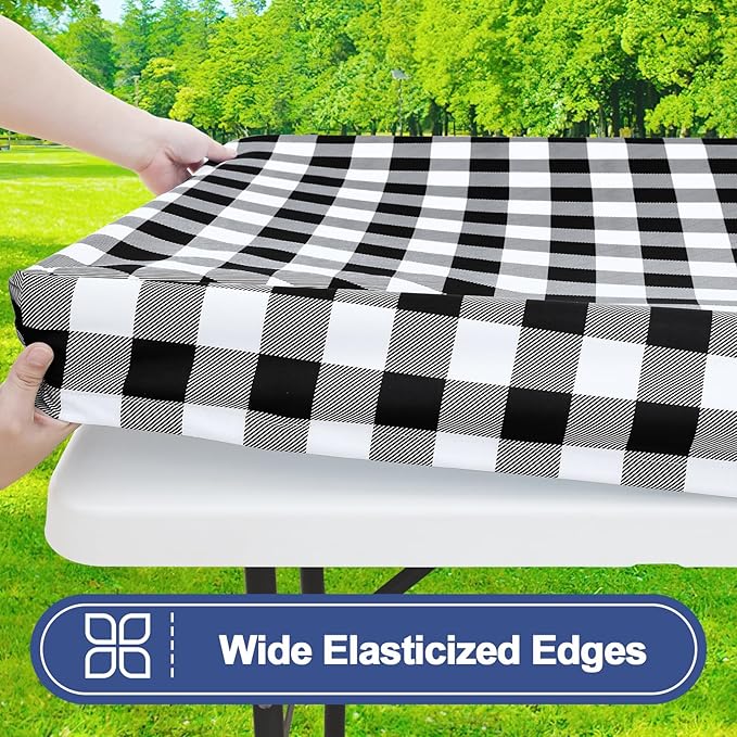 Smiry Picnic Table Cover with Bench Covers, Waterproof Elastic Fitted Tablecloths for 6 Foot Rectangle Tables, Washable Buffalo Plaid Tablecloth for Camping, Outdoor (Black & White, 30"x72")