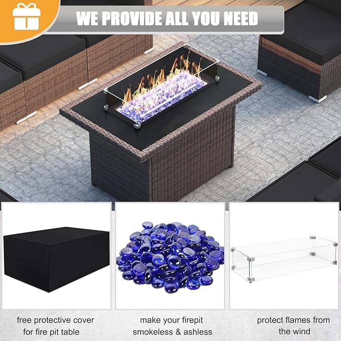 LayinSun 10 Pieces Outdoor Patio Furniture Set with 44" Fire Pit Table Brown Rattan Sectional Sofa Conversation Sets