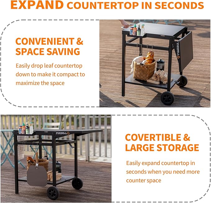 Outdoor Grill Table Cart 35" x 22" Movable Pizza Oven Stand Foldable Double-Shelf Grill Cart Food Prep Trolley Dining Cart Fit for Ooni Ninja Woodfire Blackstone Pizza Oven