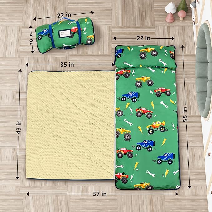 Primlect Toddler Nap Mat Extra Large Thickened 55''x35'', Soft Sleeping Bag with Detachable Minky Blanket and Pillow, Portable for Daycare, Preschool, Kindergarten, Travel, Boys and Girls