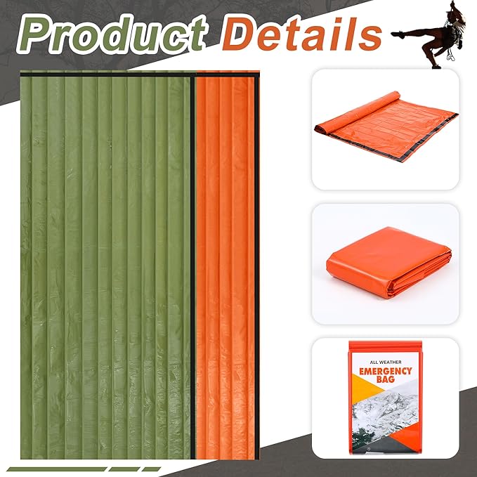 Preboun 70 Pcs Emergency Sleeping Bag Portable Lightweight Survival Bag Thermal Bivy Sack Waterproof Emergency Blanket Survival Gear for Outdoor Camping Hiking Homeless People Shelter (Orange,Green)