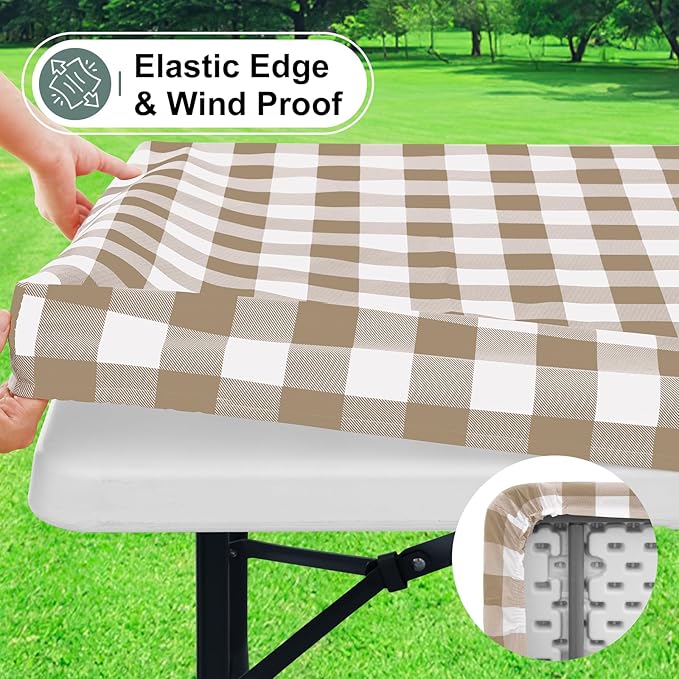 misaya Buffalo Rectangle Picnic Tablecloth, 4 Foot Elastic Fitted Vinyl Table Cloth with Flannel Backing, Waterproof Plaid Table Covers for Dining, Camping, Outdoor (Khaki and White, 24" x 48")