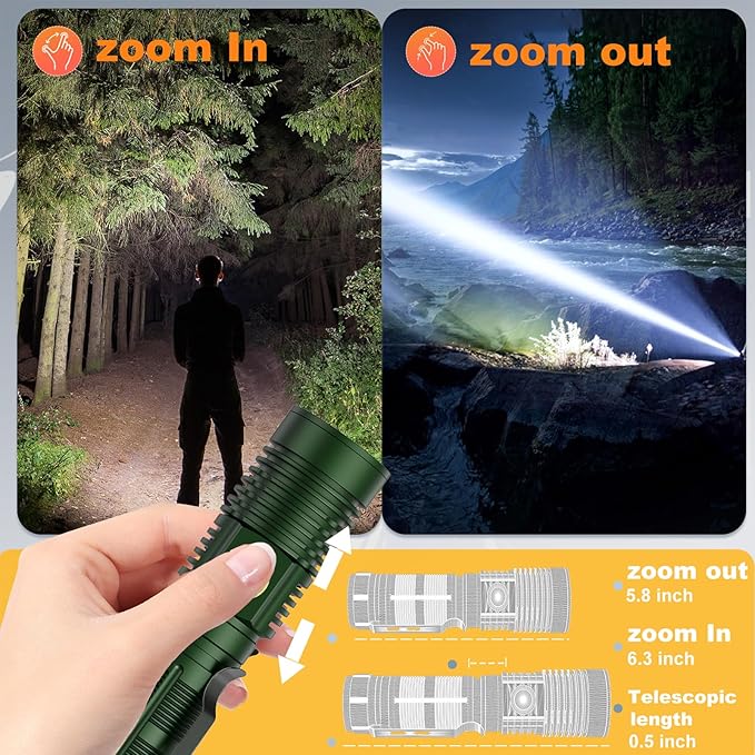 Small Tactical Flashlights High Lumens - 1500 Meters Long Beam Super Bright LED Magnetic Flashlight USB Rechargeable Zoomable 5Modes Long Beam Spotlight Flashlight for Hiking, Camping-Dark Green
