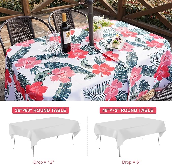 SquarePie Outdoor Indoor 60x84 inch Rectangle Tablecloth with Umbrella Hole and Zipper, Waterproof Patio Zippered Table Clothes for Spring Summer Party Picnic,Palm Leaf Red Flower
