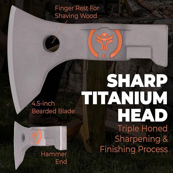 Wrangler Tools - Titanium Camping Axe - 18" & 11.5" Wood Hickory Handles - Tomahawk Axe Hammer End - 2-Piece Slip-Fit Design - Includes Blade Sheath and 2 Handles - Survival Axe