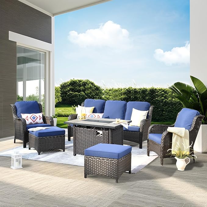ovios 6 Pieces Patio Furniture Set with 42" Fire Pit Table, Outdoor Wicker Sofa with Ottomans, Comfy Cushions, High Back Couch Conversation Set, Brown Rattan, Navy Blue