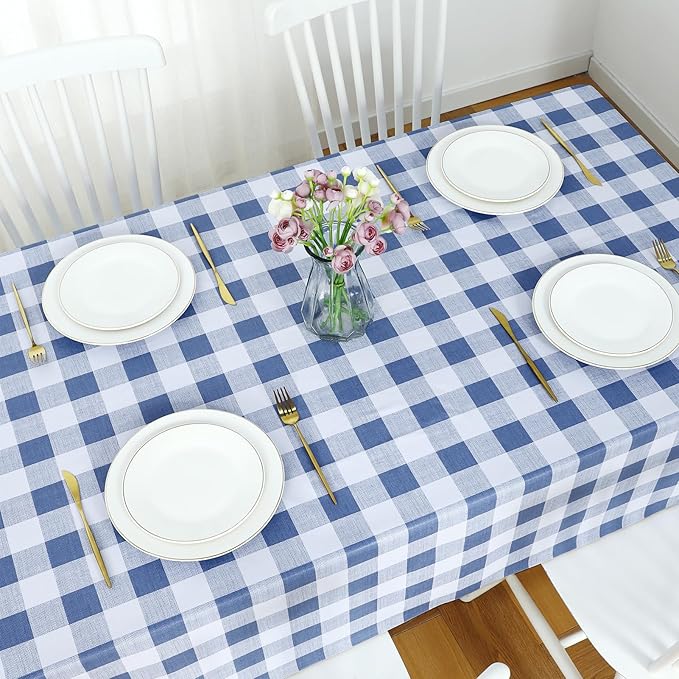 Romanstile Square Plastic Tablecloth, 100% Waterproof Oil-Proof Checkered PVC Table Cloth, Heavy Duty Vinyl Table Cover for Dining, Camping, Picnic, Outdoor - 54 x 54 Inch, Light Blue and White